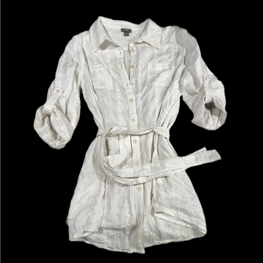 J. Jill 100% Cotton White Embroidered Mid or Mini Shirt Dress